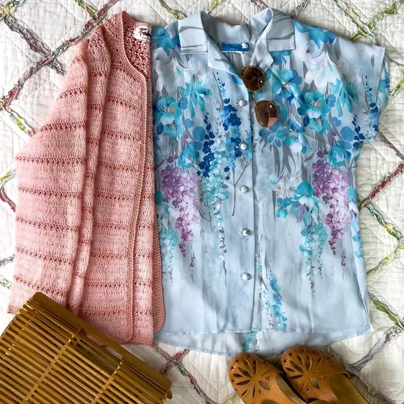 60s Baby Pink Long Sleeve Crochet Cardigan Sweater - Picture 2 of 8